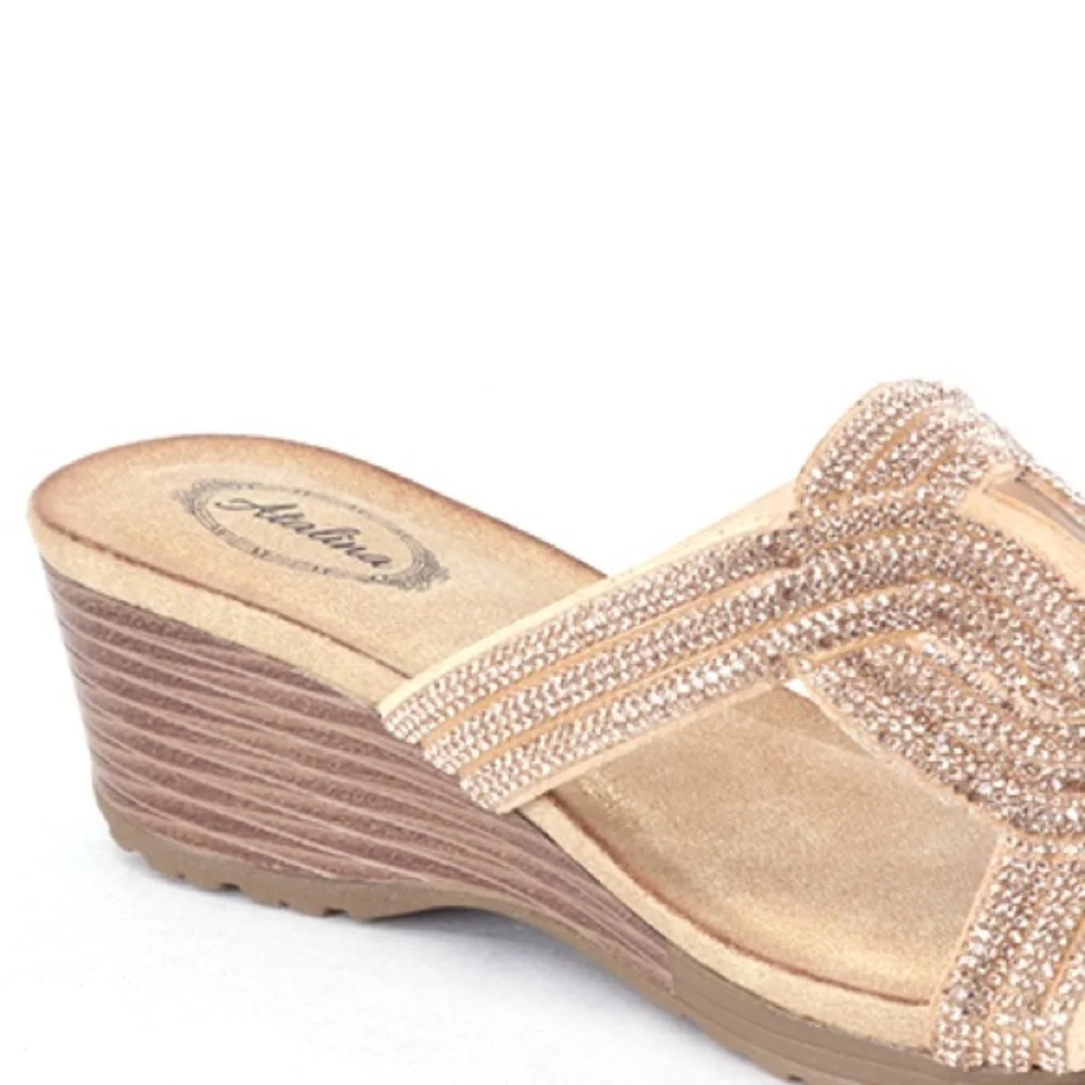 Italina Champagne Rhinestone Embellished Faux Leather Low Heeled Wedge Sandal